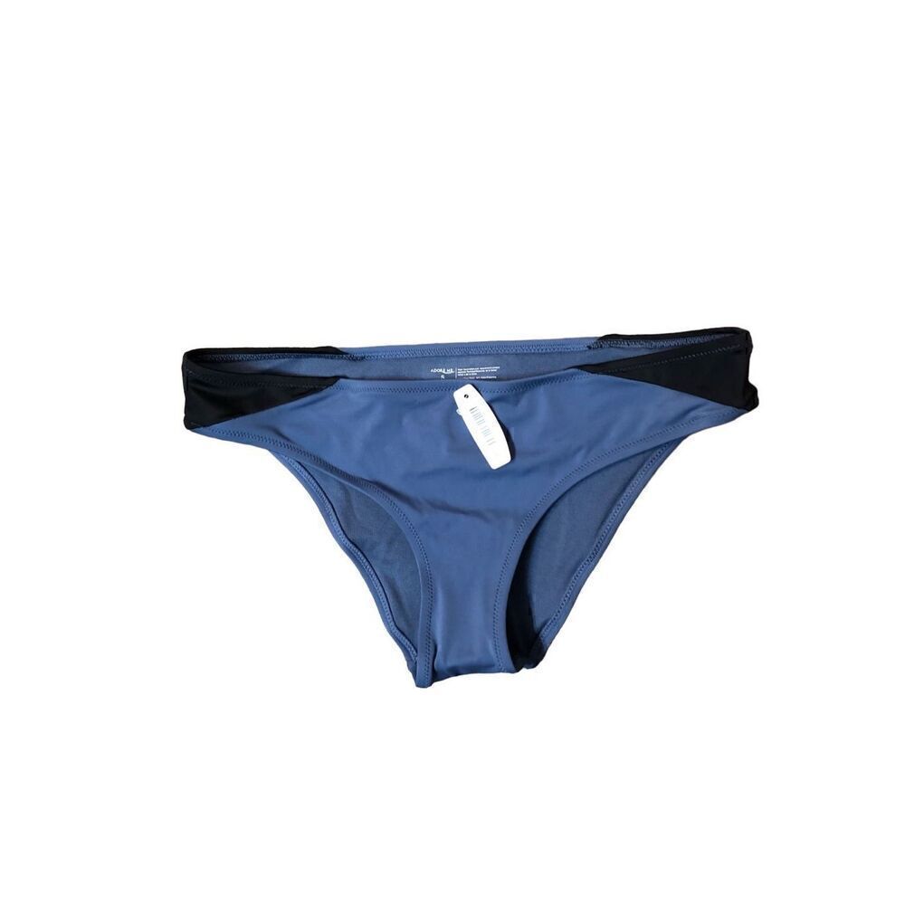 Adore Me hipster bikini bottom in French blue with black angles on sides.